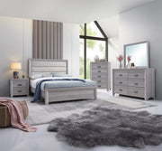 Adelaide grey wood bed frame with upholstered channel-tufted headboard and matching bedroom furniture