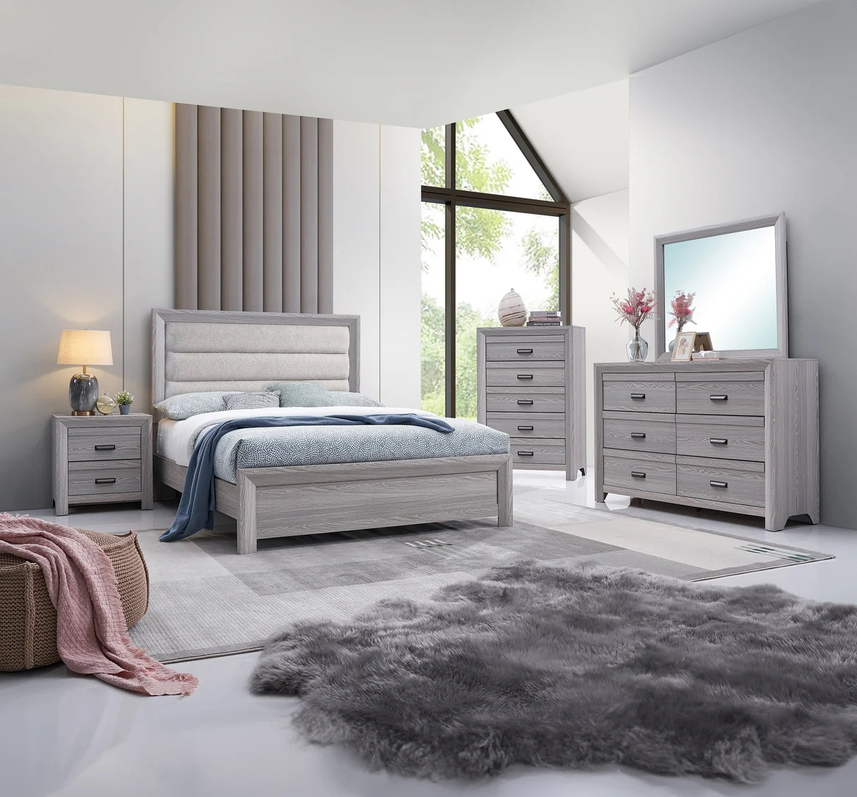 Adelaide grey wood bed frame with upholstered channel-tufted headboard and matching bedroom furniture