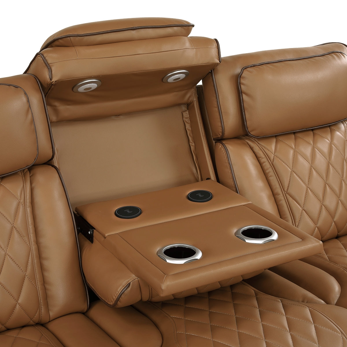 Brown faux leather power reclining sectional with side console and cup holders