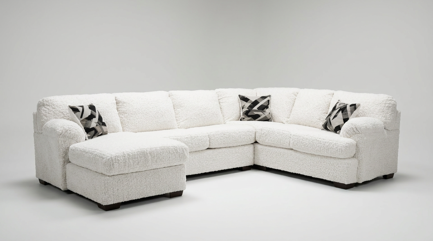 S317 Westwood cream sectional sofa with chaise and patterned accent pillows in a modern living room
