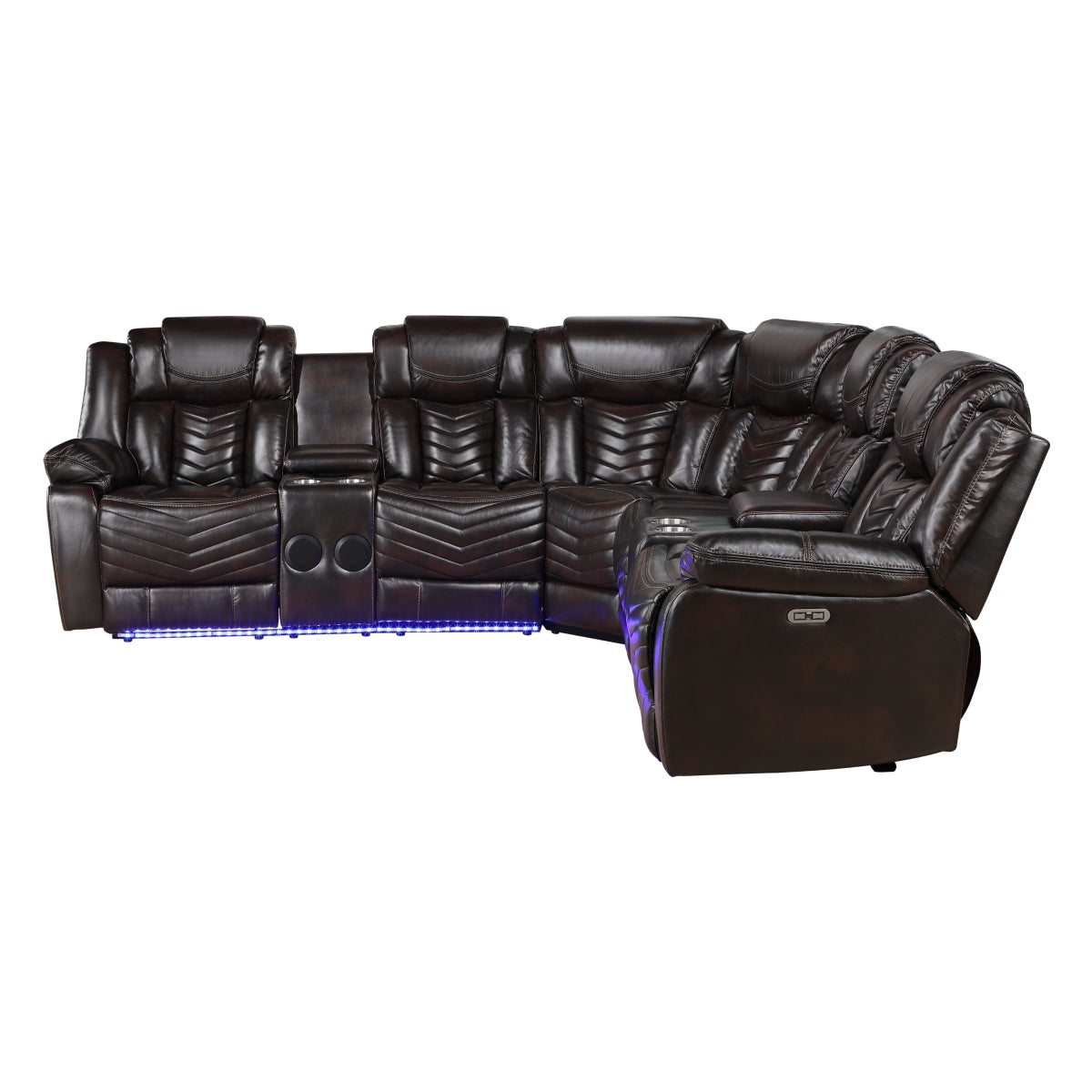Dark brown faux leather power reclining sectional with LED lighting and consoles