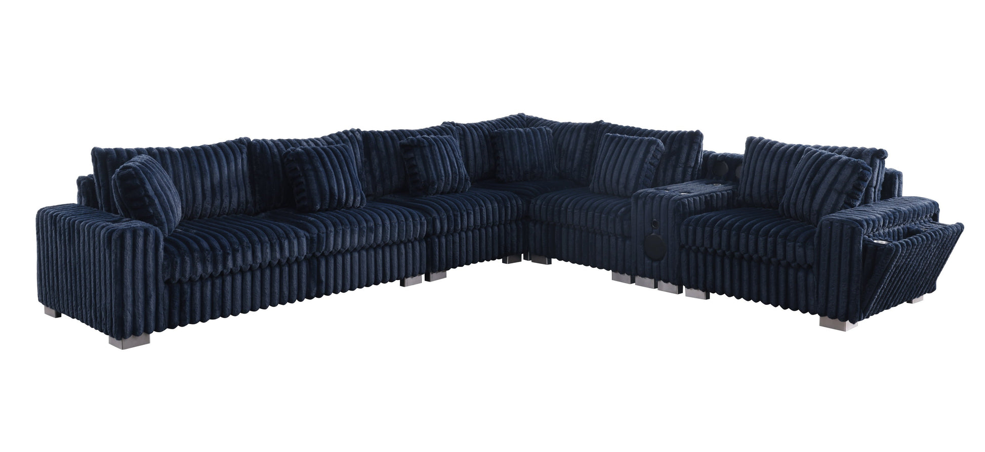 Blue textured sectional sofa with Bluetooth console, cupholders, and ottoman in a living room