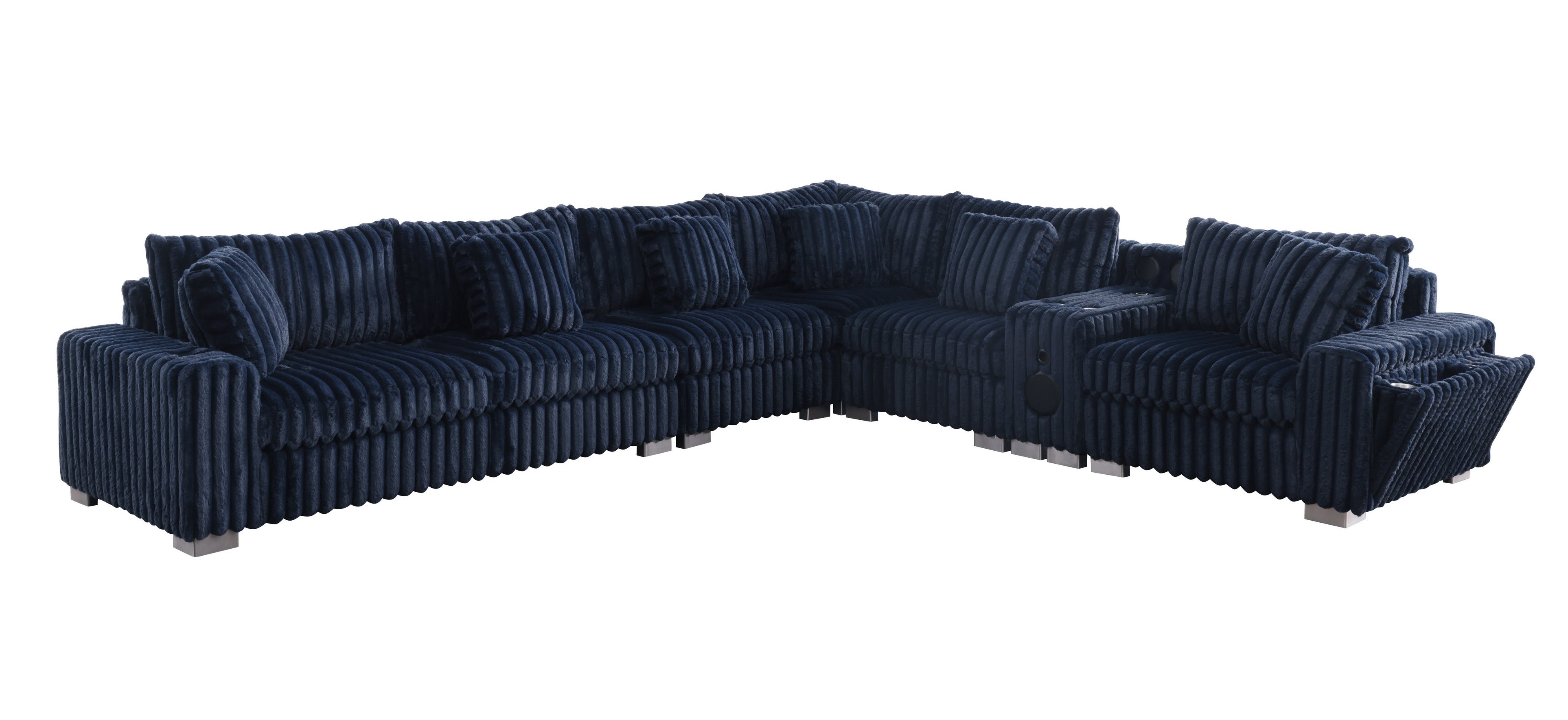 Blue textured sectional sofa with Bluetooth console, cupholders, and ottoman in a living room