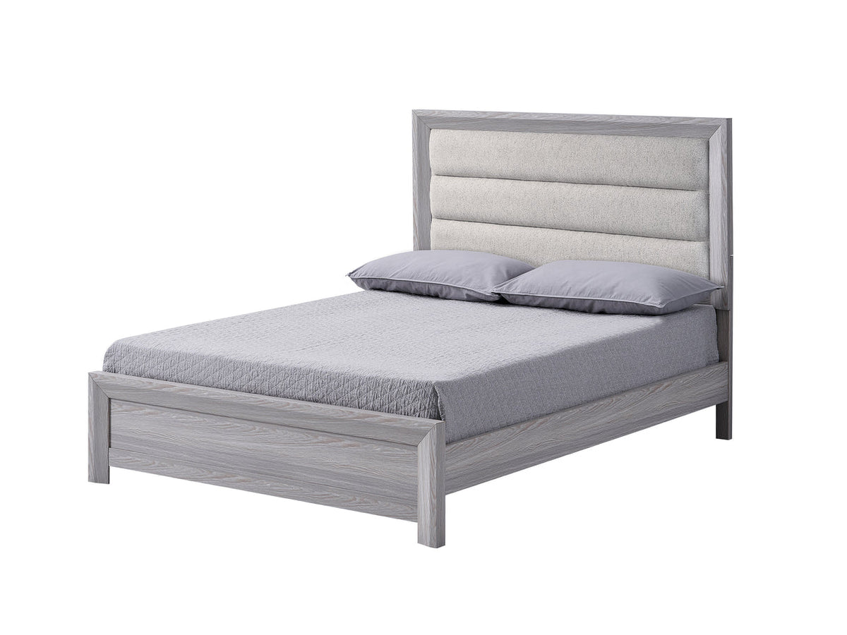 Adelaide grey wood bed frame with upholstered channel-tufted headboard and matching bedroom furniture