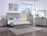 Beckett weathered grey bedroom set with panel bed, nightstand, dresser, mirror, and chest
