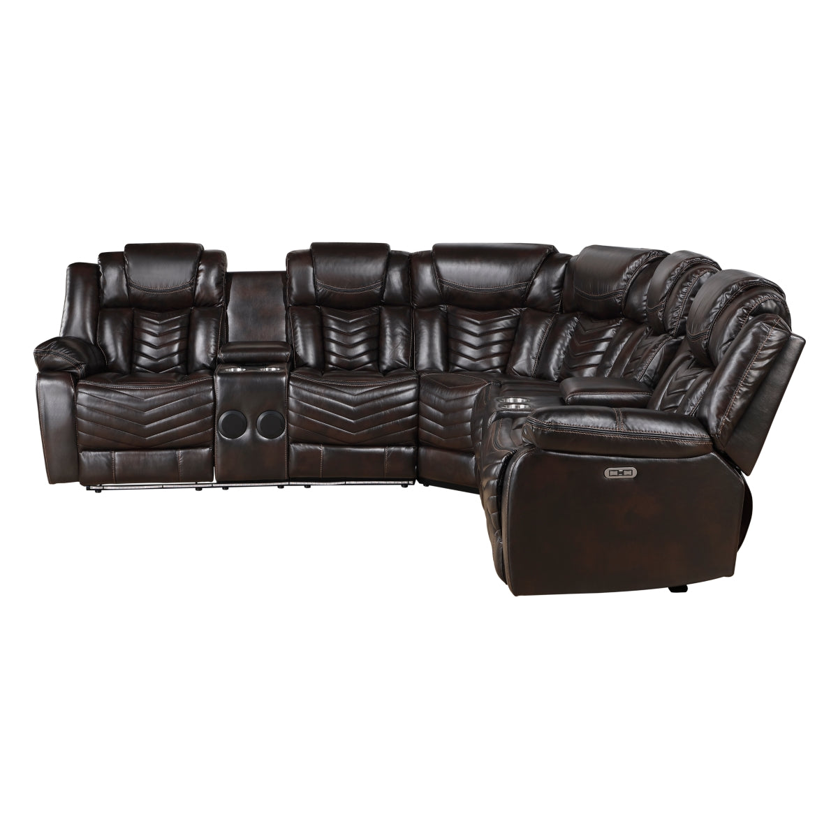 Dark brown faux leather power reclining sectional with LED lighting and consoles