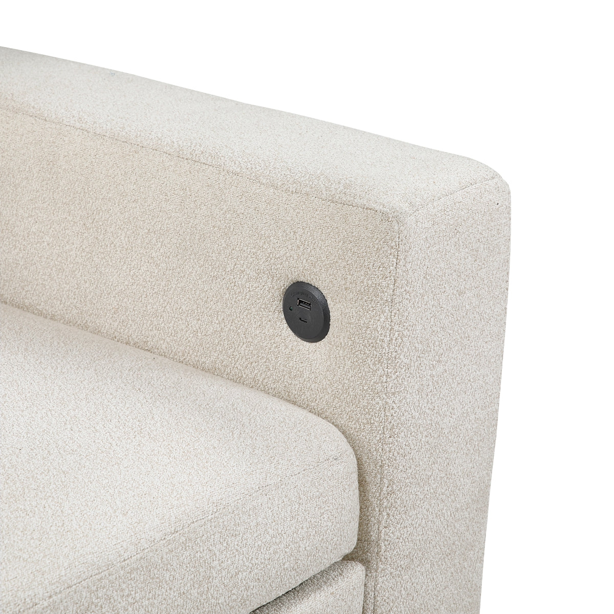 Beige boucle sectional sofa with pull-out bed, storage chaises, and built-in shelving