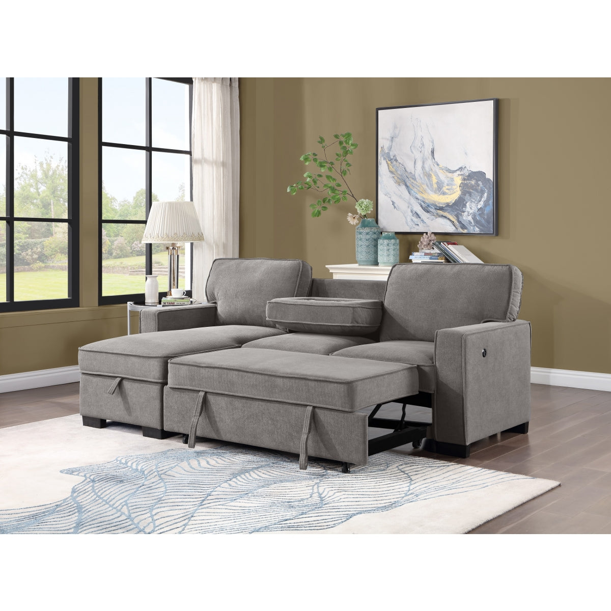 Gray fabric 2-piece sectional sofa with pull-out bed and storage chaise