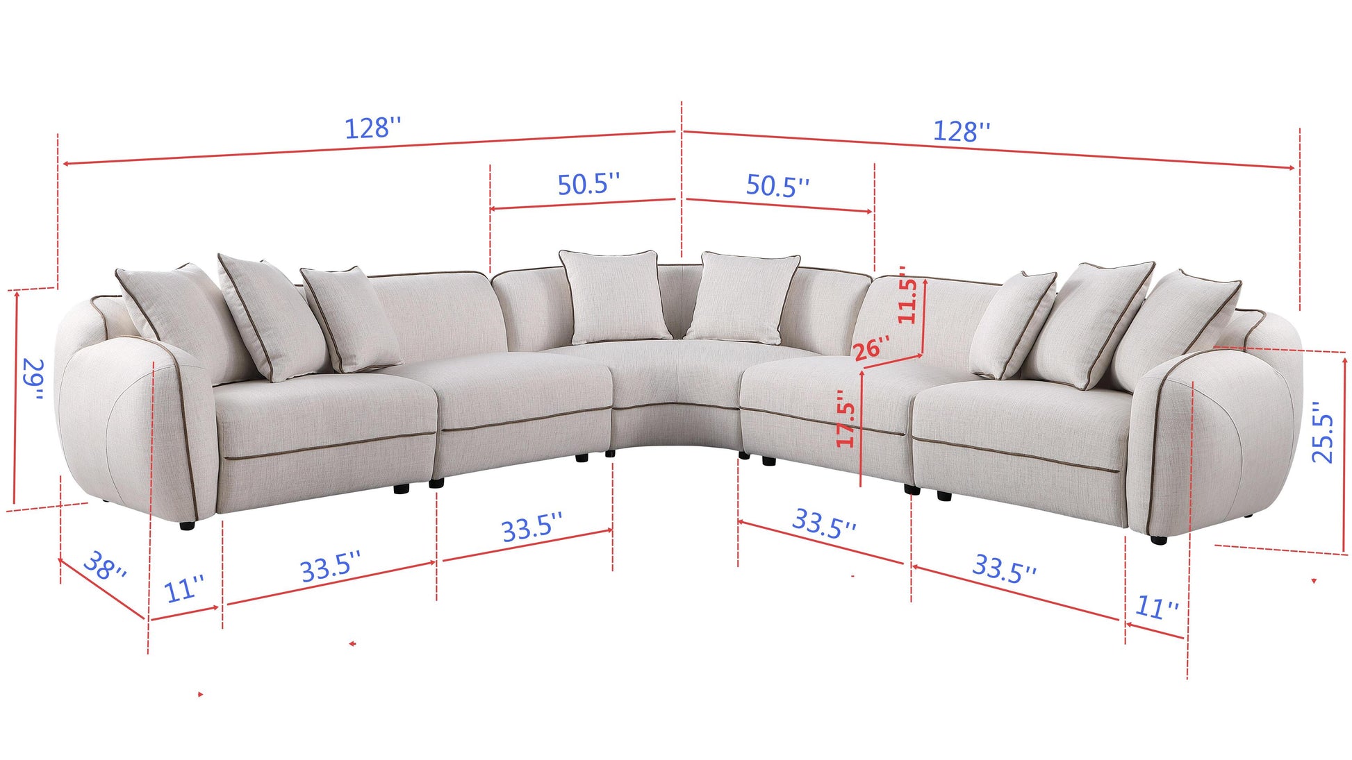 Gaby 5-piece beige fabric sectional sofa with contrast piping and accent pillows in a living room