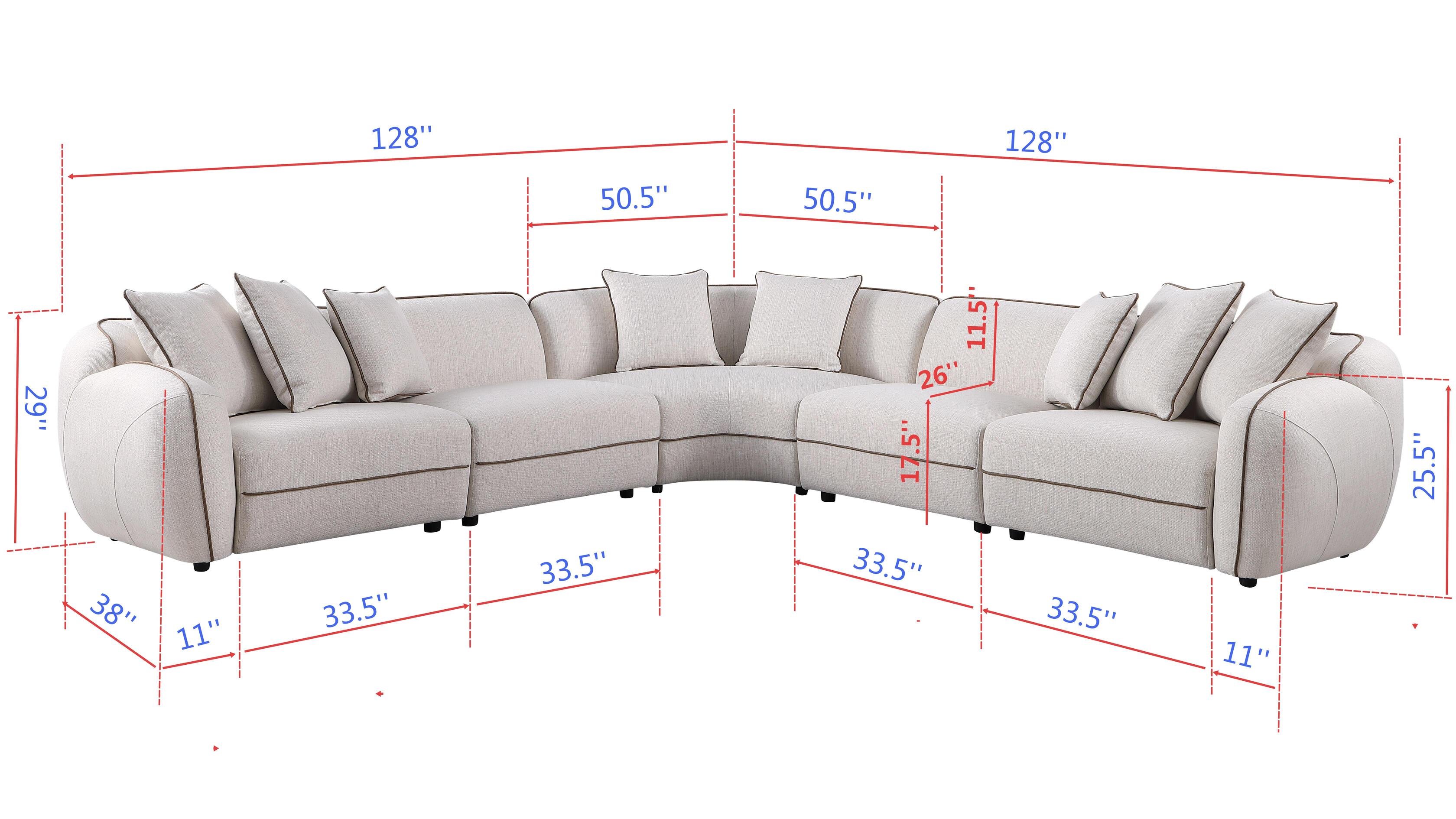 Gaby 5-piece beige fabric sectional sofa with contrast piping and accent pillows in a living room