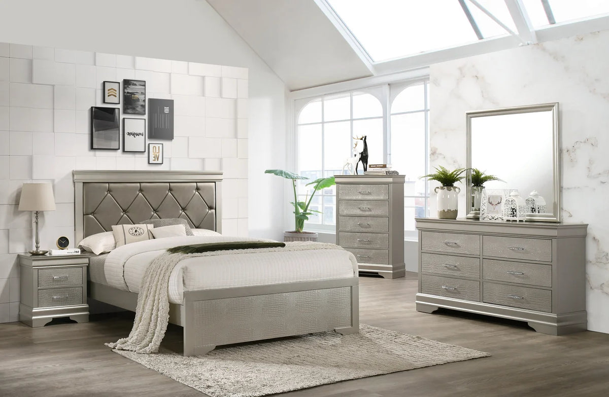 Amalia Silver-Tone Upholstered Bedroom Set
