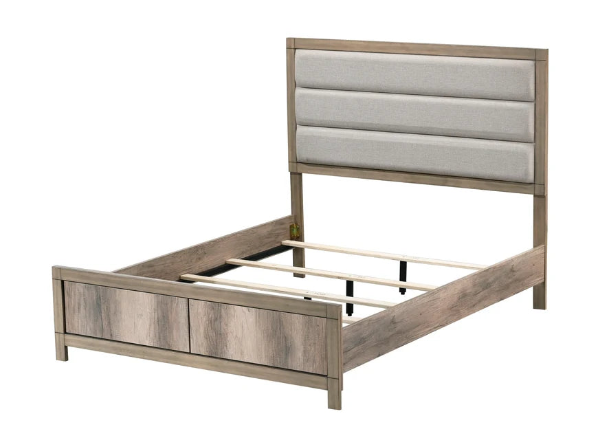 Matteo Upholstered Panel Bed with Wood-Tone Frame