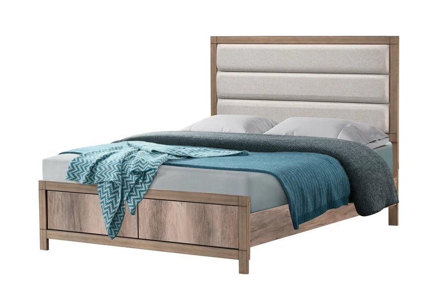 Matteo Upholstered Panel Bed with Wood-Tone Frame