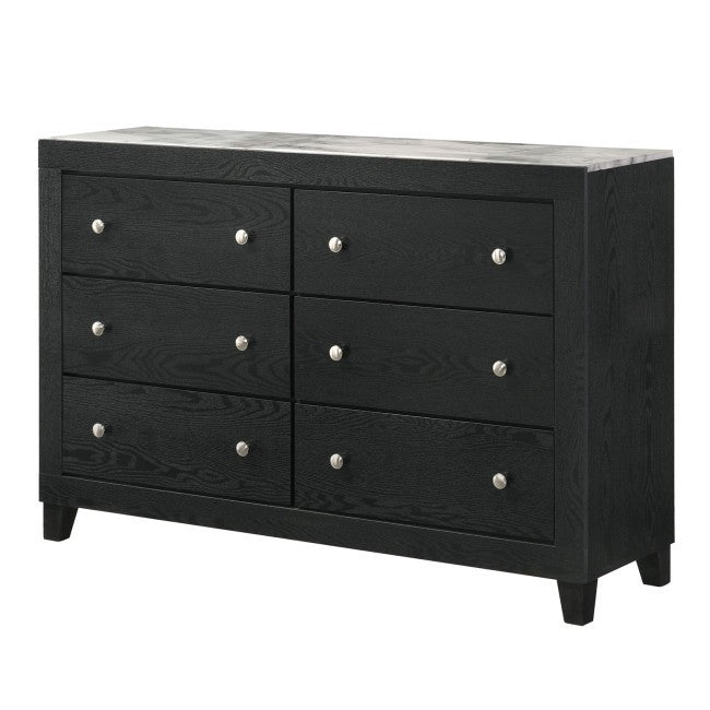 Cadence Black 6-Drawer Dresser with Marble-Look Top