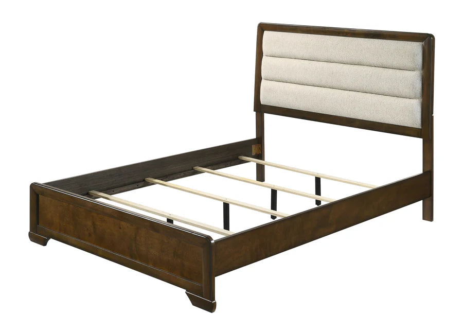 Coffield Warm Wood Bedroom Set – Upholstered Wood Bed, Dresser, Mirror, Nightstand & Chest