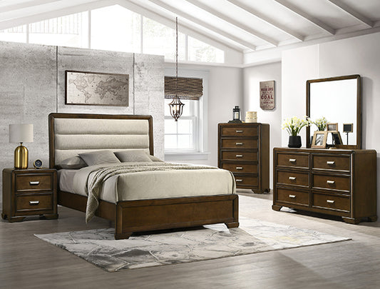 Coffield bedroom set with upholstered bed, dresser, mirror, nightstand, and chest in rich warm wood tones