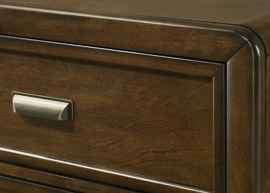 Coffield Warm Wood Bedroom Set – Upholstered Wood Bed, Dresser, Mirror, Nightstand & Chest