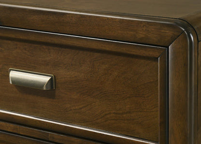 Coffield Warm Wood Bedroom Set – Upholstered Wood Bed, Dresser, Mirror, Nightstand & Chest