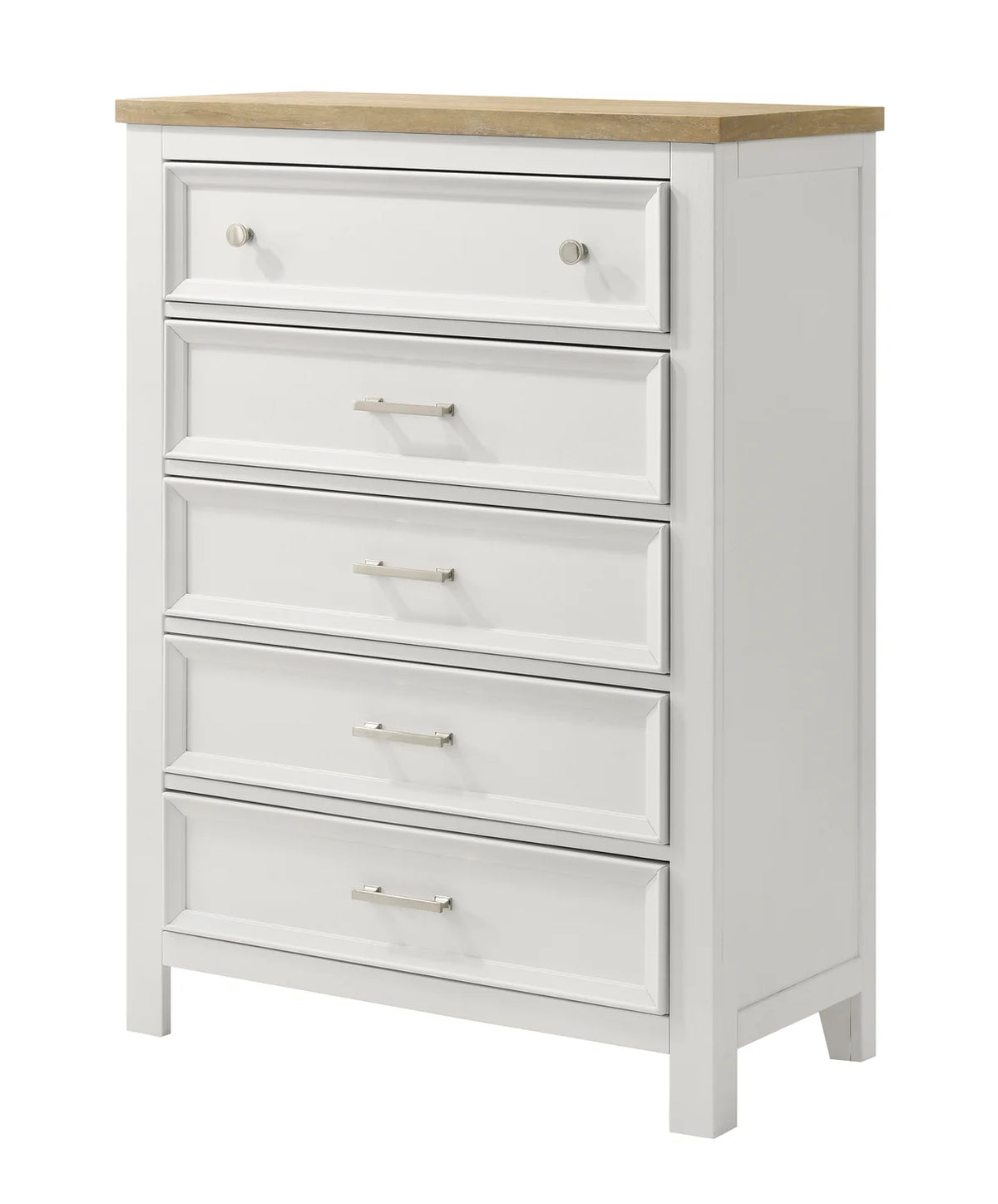Aston White 5-Drawer Chest with Wood-Tone Top