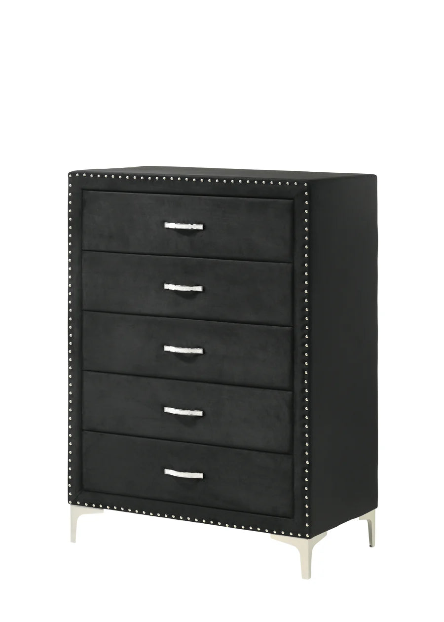 Lucinda Black Velvet Bedroom Set – Wingback Bed, Dresser, Mirror, Nightstand & Chest