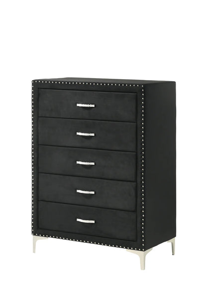 Lucinda Black Velvet Bedroom Set – Wingback Bed, Dresser, Mirror, Nightstand & Chest