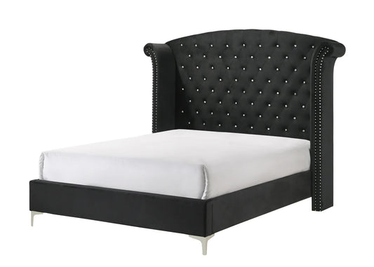 Lucinda black velvet wingback bed with diamond tufting and nailhead trim