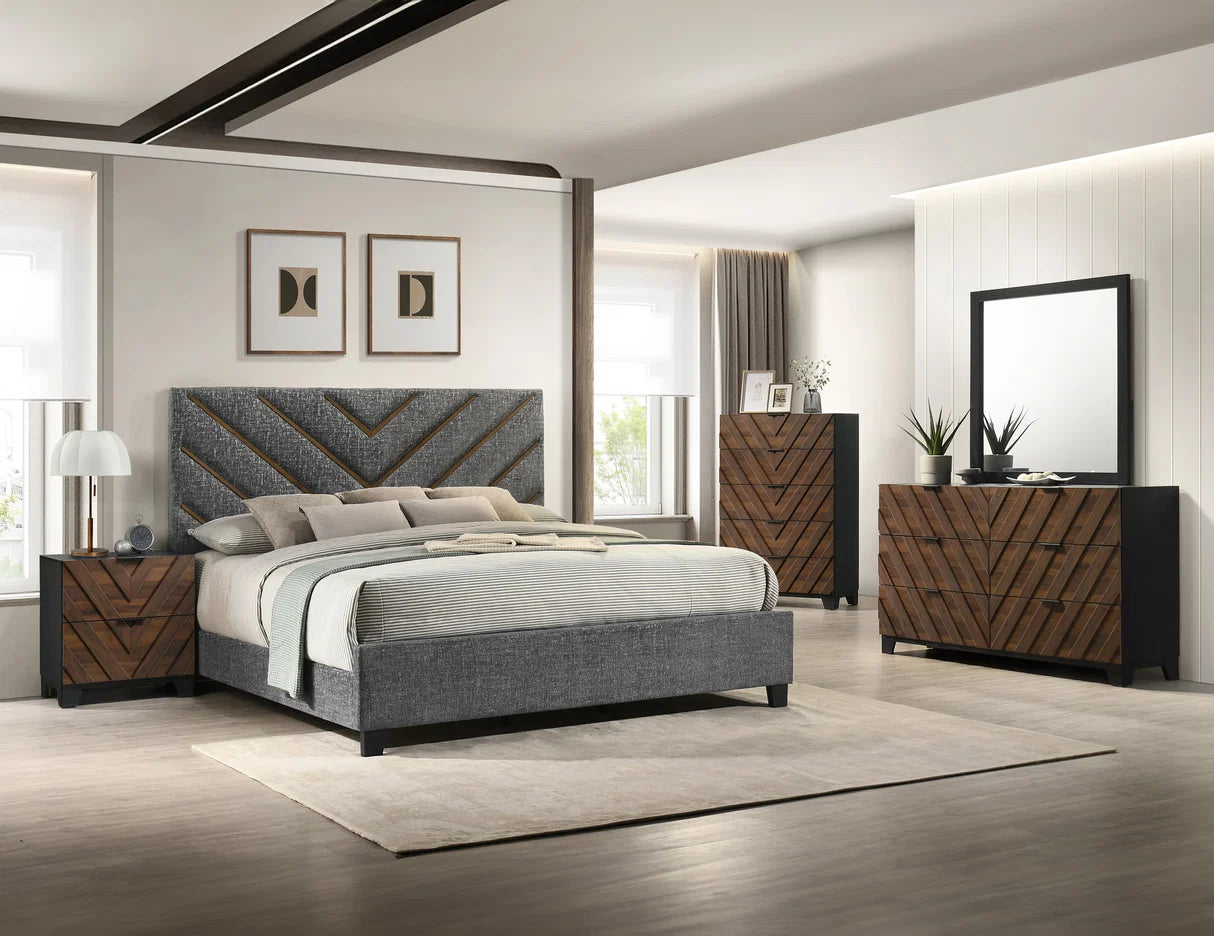 Zane Chevron Panel Bed with Wood-Tone Accents
