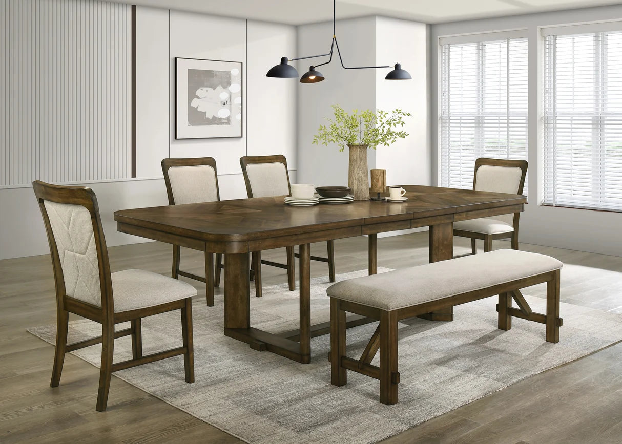 Broadmoor Wood-Tone Trestle Dining Set with Upholstered Chairs & Bench