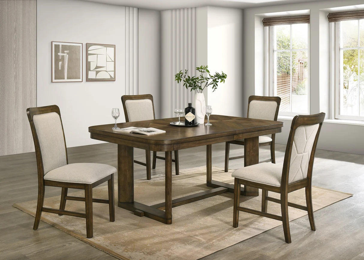 Broadmoor Wood-Tone Trestle Dining Set with Upholstered Chairs & Bench