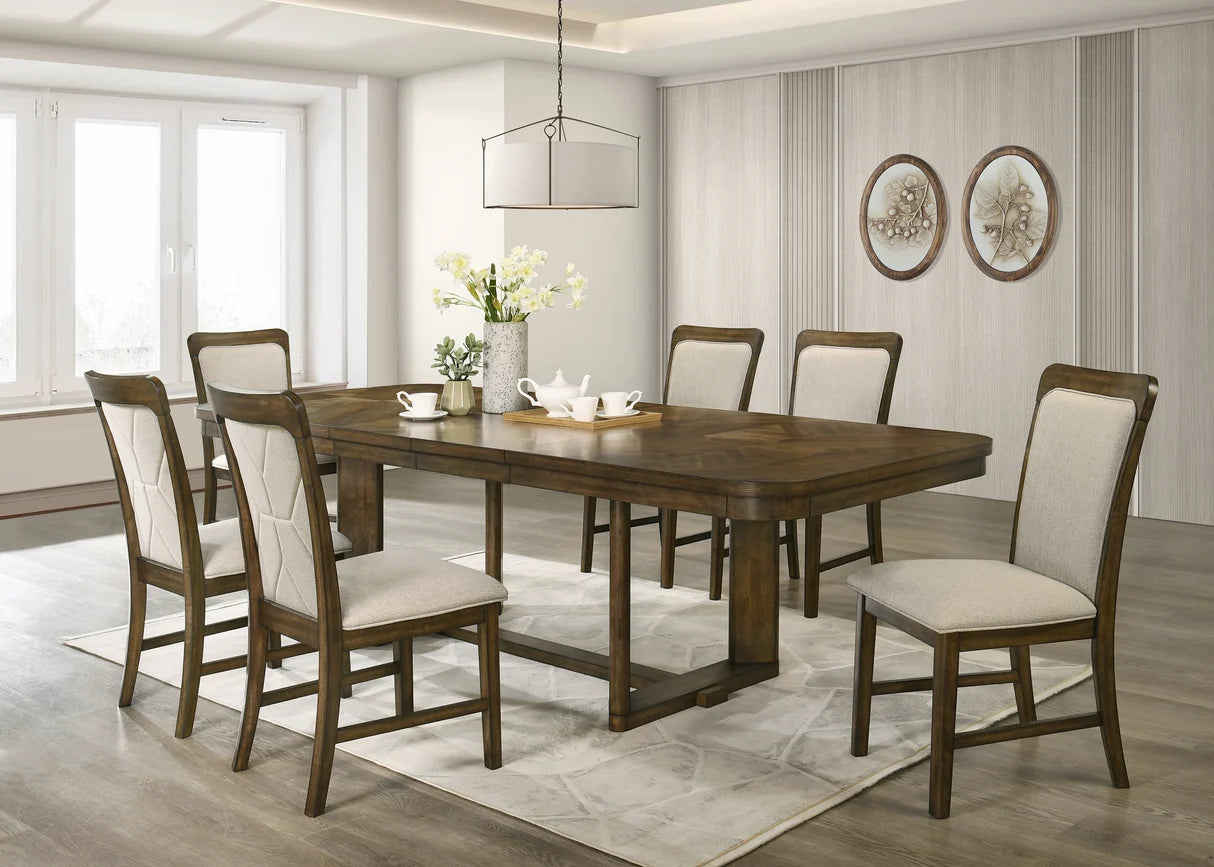 Broadmoor Wood-Tone Trestle Dining Set with Upholstered Chairs & Bench