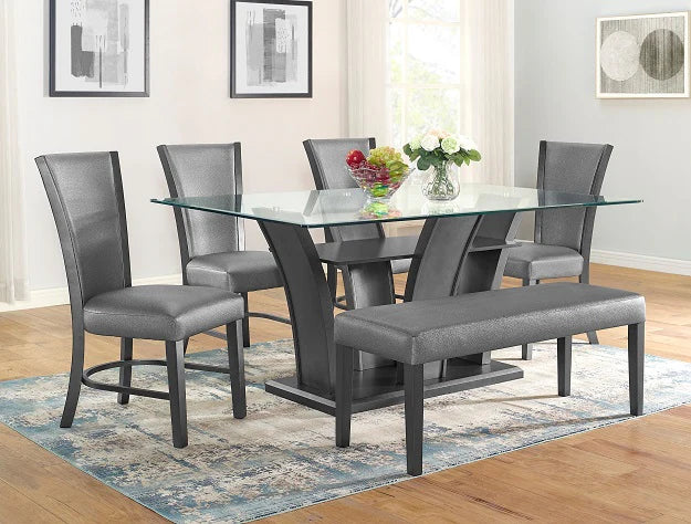 Camelia Dining Set with Glass Top, Upholstered Chairs & Bench | Modern Contemporary Dining Collection