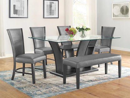 Camelia Dining Set with Glass Top, Upholstered Chairs & Bench | Modern Contemporary Dining Collection