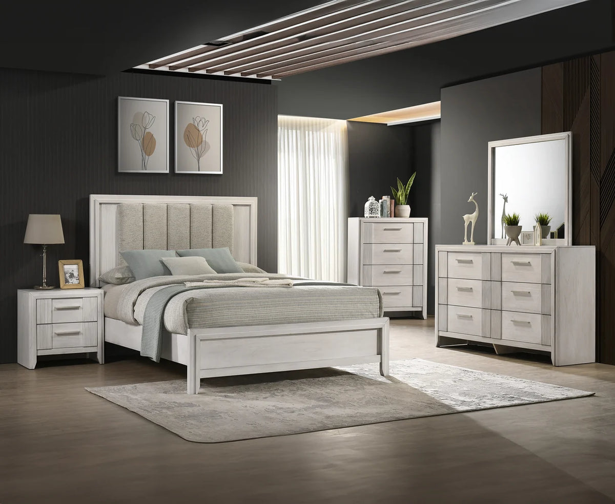 Carlton Upholstered Panel Bed in White Mist Finish