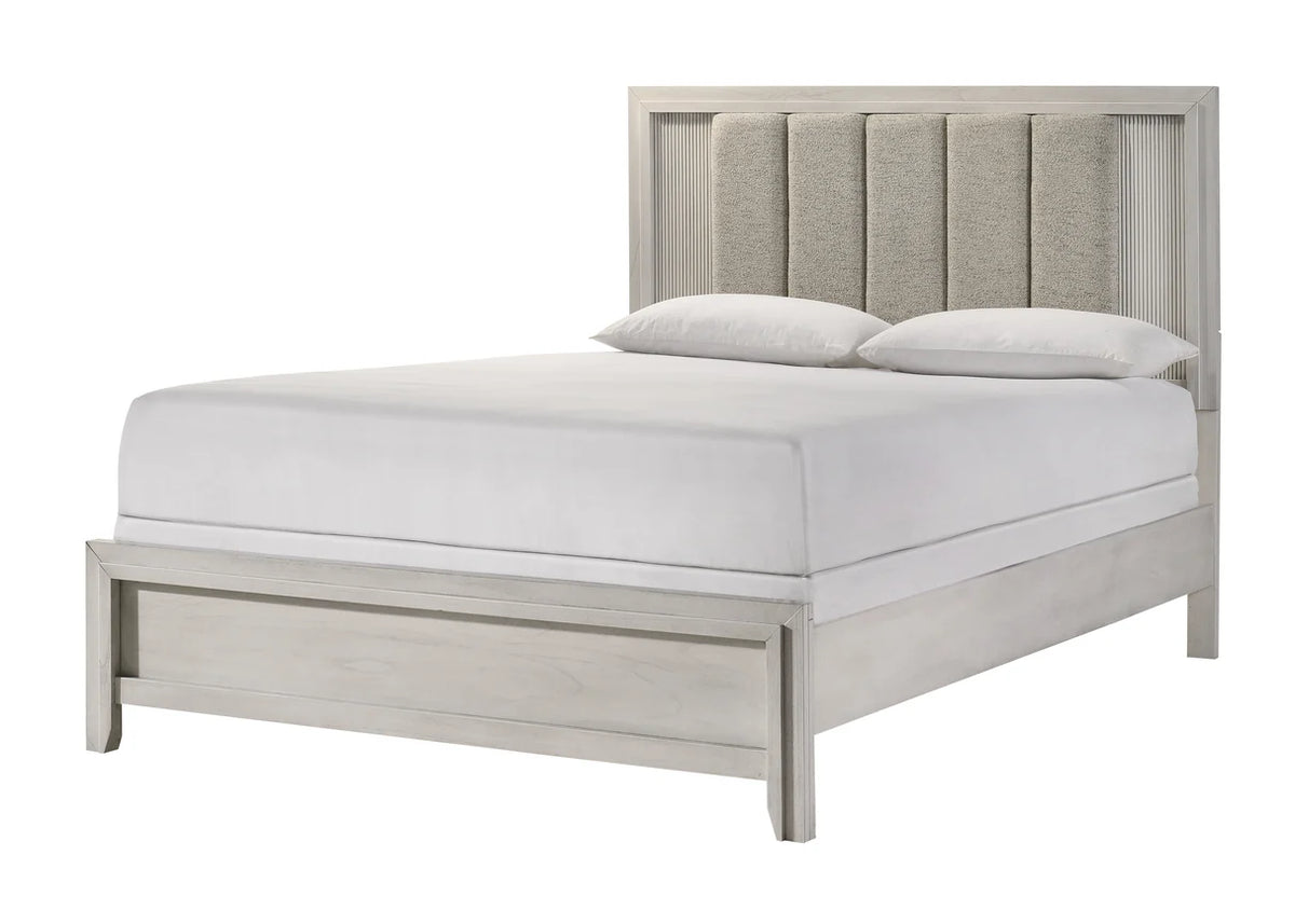 Carlton Upholstered Panel Bed in White Mist Finish