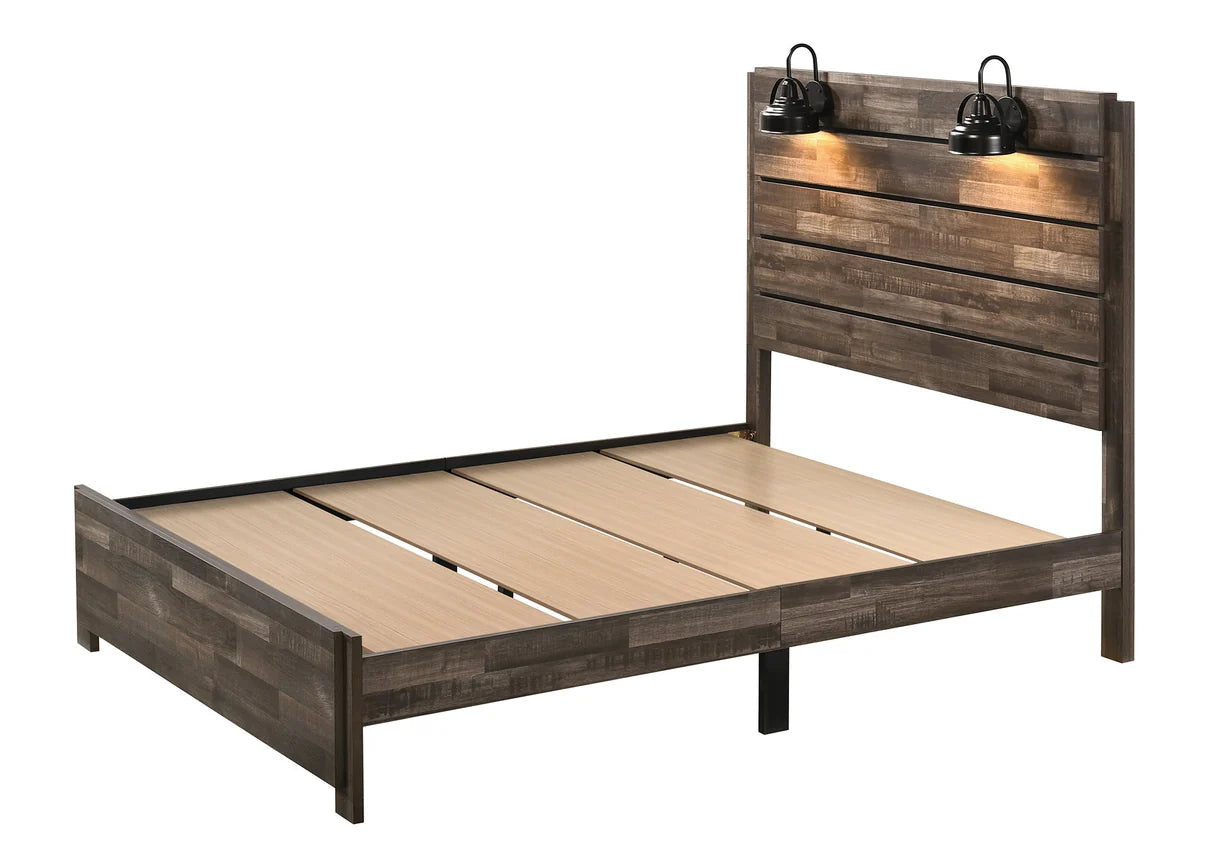 Carter Rustic Weathered Wood-Look Bedroom Set with LED Headboard Lights