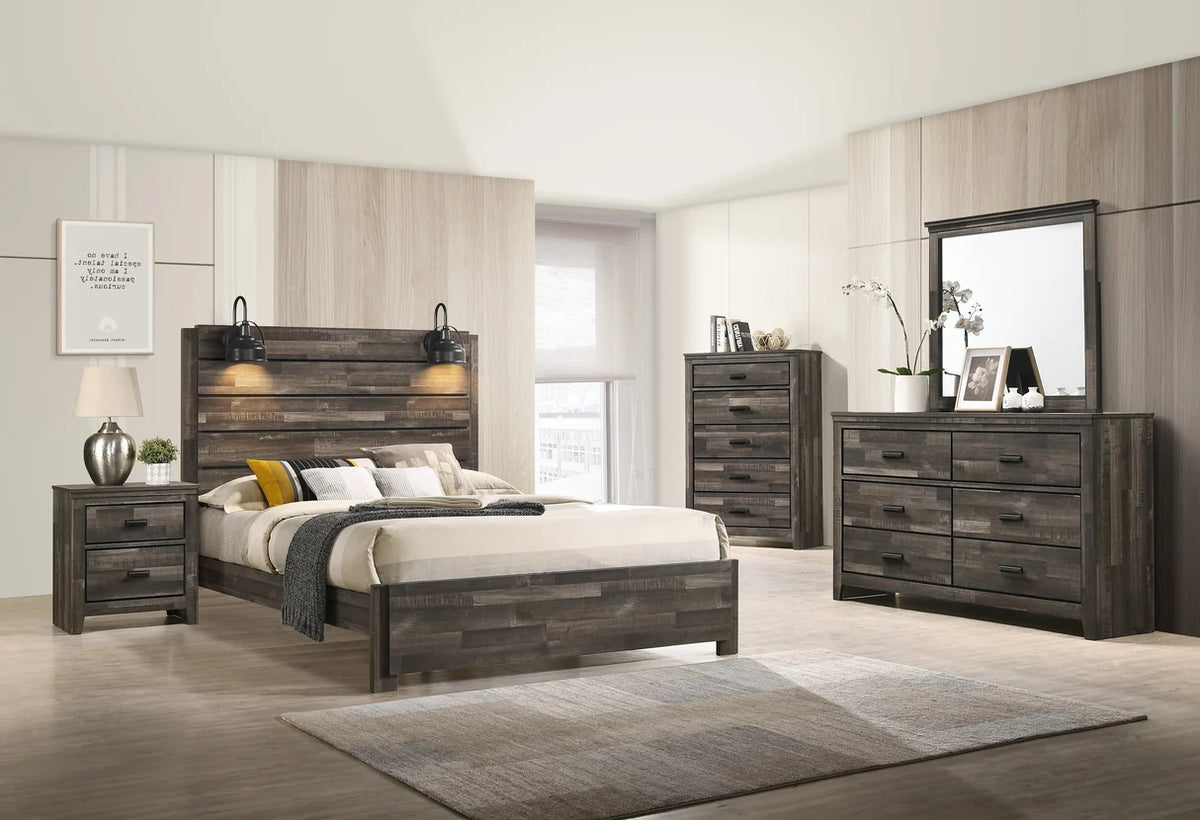Carter Rustic Weathered Wood-Look Bedroom Set with LED Headboard Lights