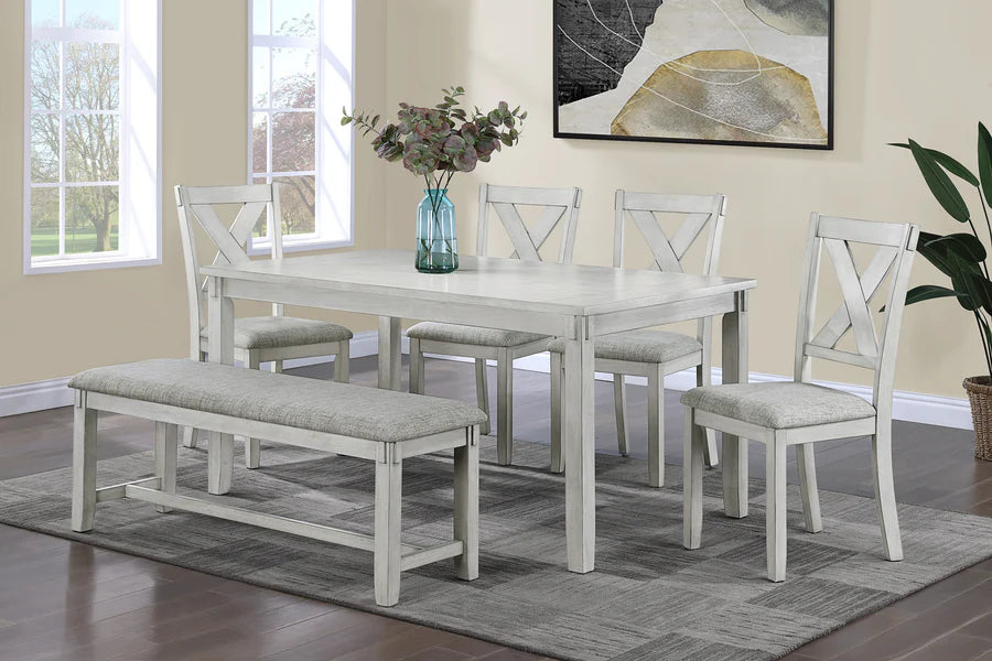 Clara Driftwood Dining Set with X-Back Chairs & Bench | Farmhouse Dining Collection