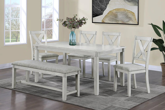 Clara Driftwood Dining Set with X-Back Chairs & Bench | Farmhouse Dining Collection