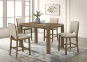 Dining room with wooden table and chairs in a well-lit room.