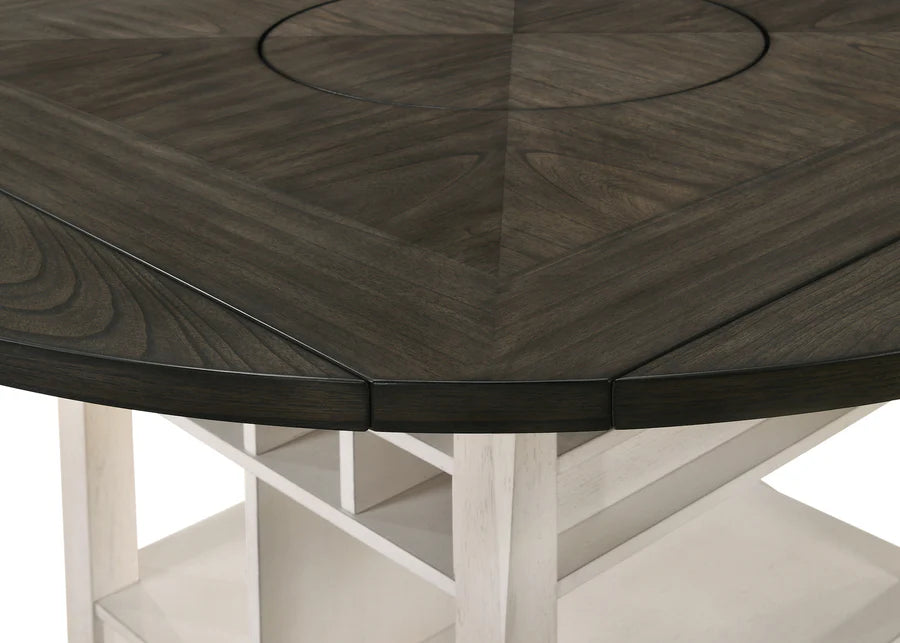 Close-up of a dark wooden dining table with a white background