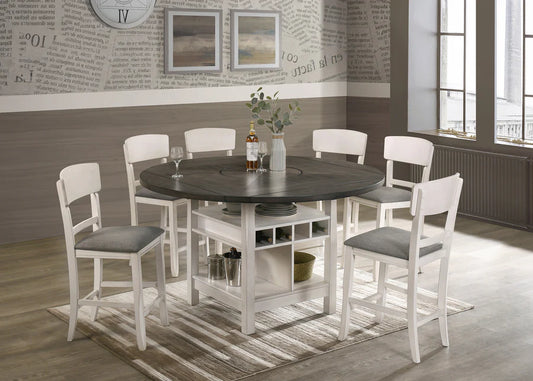 Round dining table with six chairs in a room with a decorative wall and large windows.
