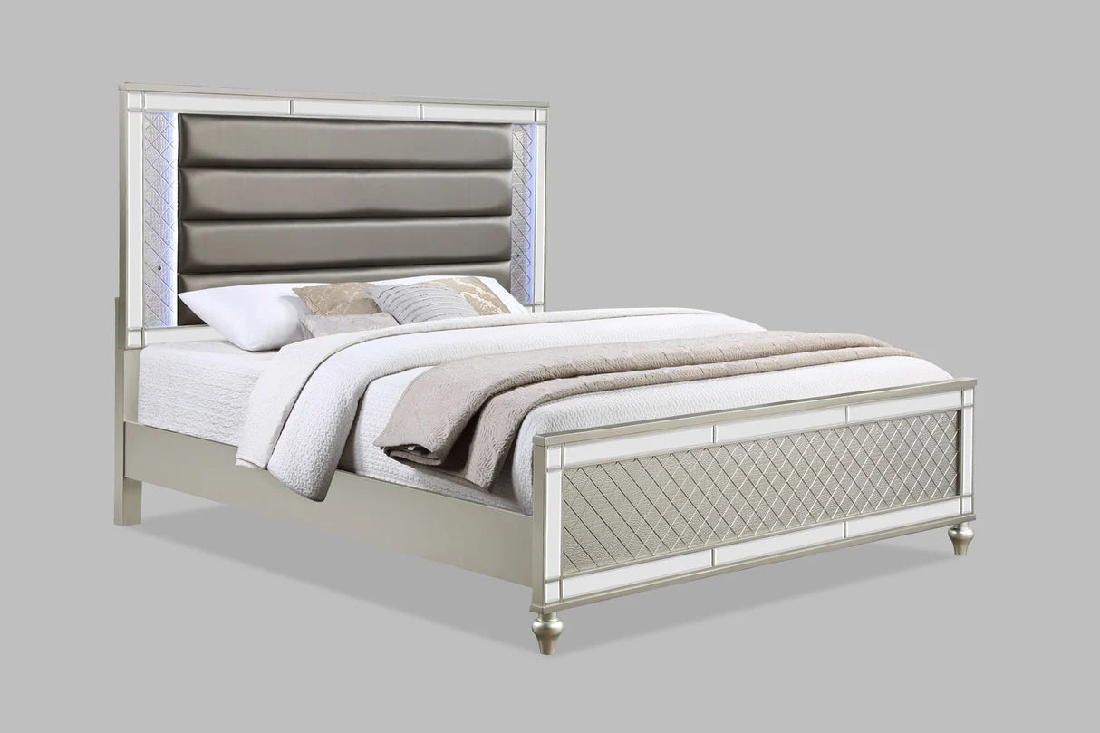 Cristian Upholstered Bed with Mirrored Trim and Channel-Tufted Headboard