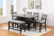 Dining room set with table, chairs, and bench in a well-lit room.