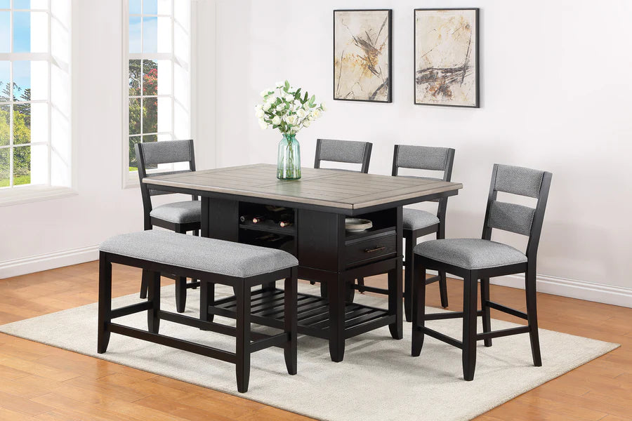 Dining room set with table, chairs, and bench in a well-lit room.