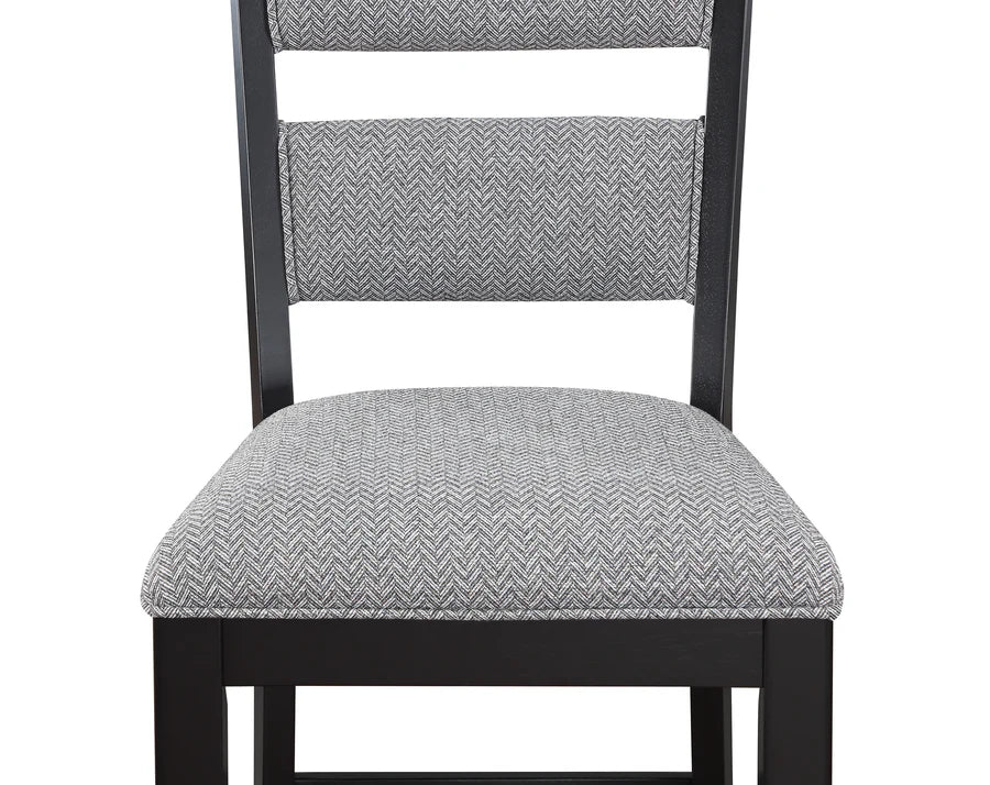 Gray herringbone-patterned chair with black frame on a white background