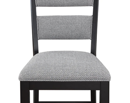 Gray herringbone-patterned chair with black frame on a white background