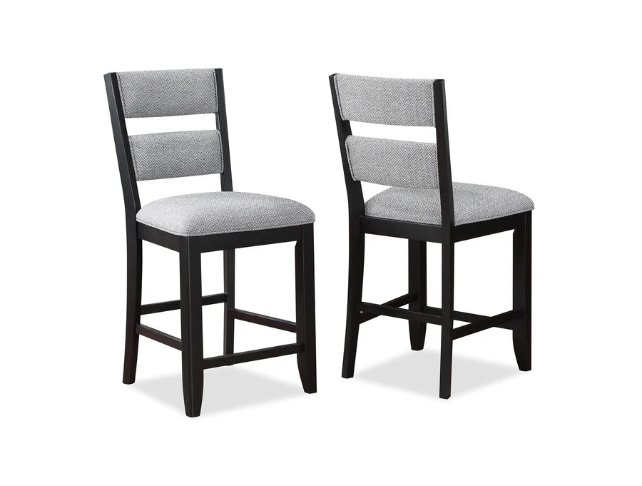 Two bar stools with gray seats and black frames on a white background