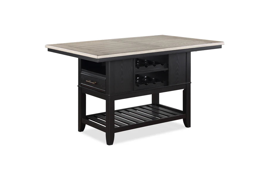 Black kitchen island with a wooden countertop on a white background