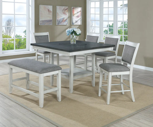 Fulton Chalk Grey Counter Height Dining Set with Lazy Susan, Chairs & Bench | Modern Farmhouse Style