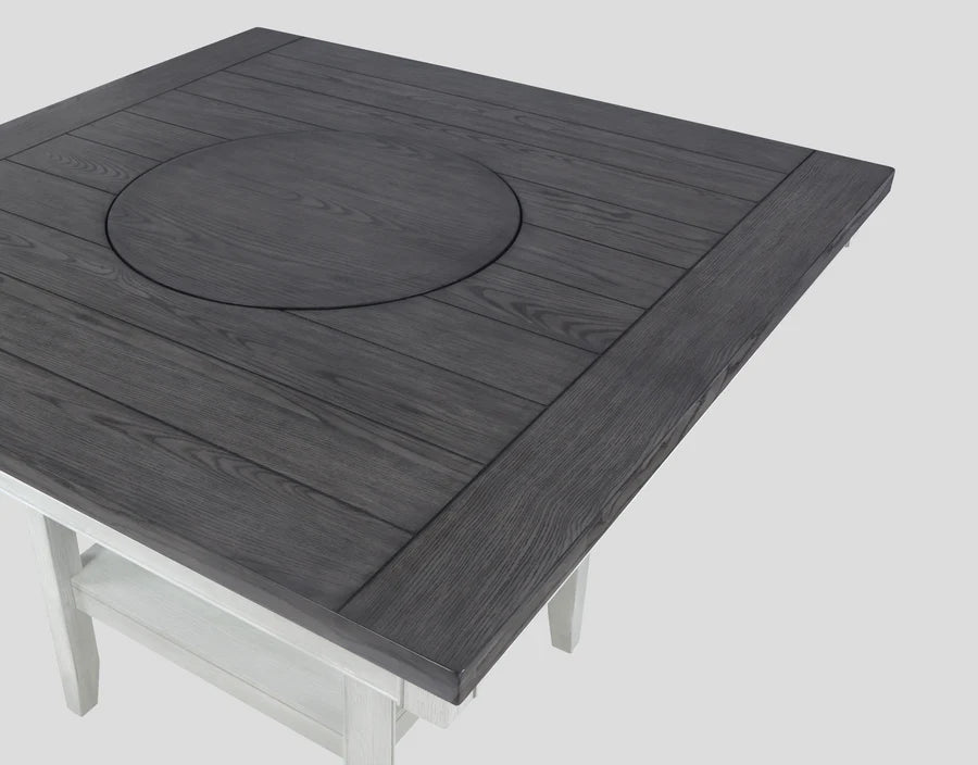 Fulton Chalk Grey Counter Height Dining Set with Lazy Susan, Chairs & Bench | Modern Farmhouse Style